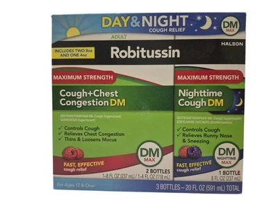 Robitussin DM 最大强度日夜咳嗽缓解 20 液量盎司有效期至 2026 年 10 月 — 第 1/2 张图片
