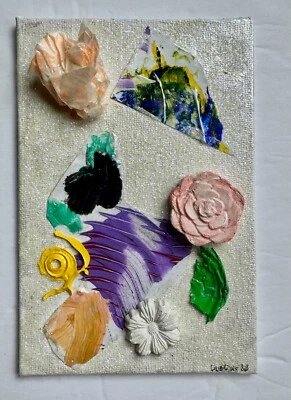 Small Abstract Mixed Media original art collage assemblage 4x 6" on canvas board - Image 1 of 4
