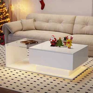Coffee Table LED with Smart App-Controlled RGB Lighting, High Gloss Finish White - Picture 1 of 15