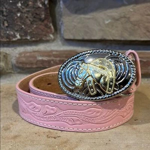Nocona Western Pink Embossed Leather Belt with Silver Horse Buckle - Picture 1 of 8