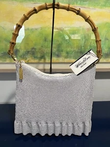 Whiting & Davis White Mesh Purse Bag Bamboo Handle Metal Ruffle Vtg 80s 90s NEW - Picture 1 of 8