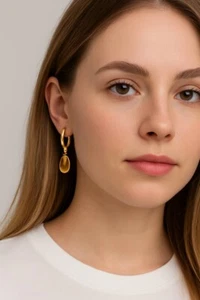 Gold Earrings with Real Baltic Amber Drops – Handmade in USA – Lightweight - Picture 1 of 4