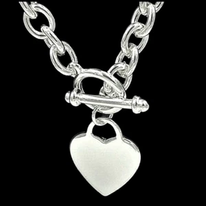 Heart Tag Thick Chain Link Toggle Necklace Sterling Silver - Picture 1 of 7