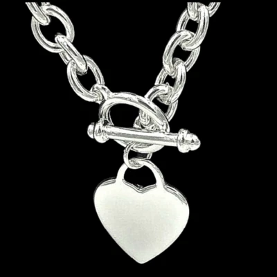 Heart Tag Thick Chain Link Toggle Necklace Sterling Silver - Image 1 of 4
