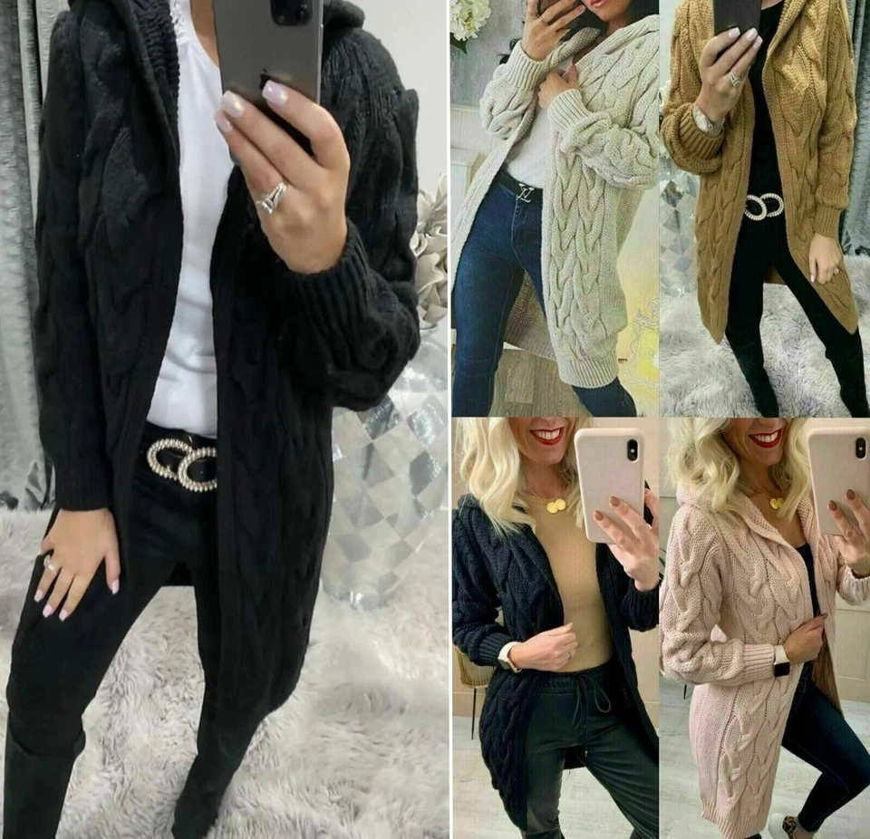 Womens Ladies Chunky Cable Knitted Oversized Longline Hooded Cardigan Cape Top - Image 1 of 1