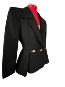 Vintage Dramatic Tahari Wool Black Blazer Peplum Jacket w/ Gold Button Detail 10 - Picture 1 of 9