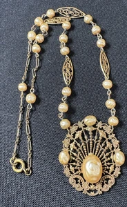 Antik Vintage goldfarben filigran Halsband Halskette Kunstperlen Art Deco - Bild 1 von 9