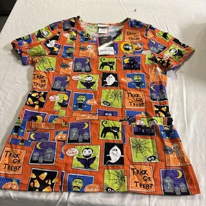 ScrubStar scrub top womens Xs Halloween Frankenstein Cats Ghosts Spiders Boo - Picture 1 of 3