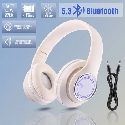 Wireless Headphones Headsets Super Bass Bluetooth 5.3 Stereo Earphones Mic Gifts - Image 1 of 4