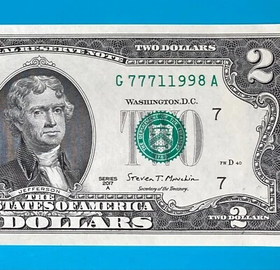 LUCKY January 1998 (G 777 1 1998 A) $2 Two Dollar Bill Serial Number 2017A *UNC* - Image 1 of 4