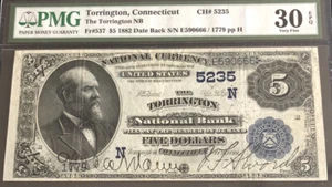 1882-$5DB-il TORRINGTON NB-CT-PMG30-EPQ. È una N scarsa, e l'unico $5DB conosciuto. - Foto 1 di 6