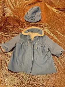 Vintage Handmade Corduroy Blue Coat With Hat Unsized See Measurements - Picture 1 of 4