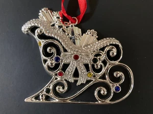 Lenox Metal Silver Christmas Sleigh Sled Ornament w/ Colored Rhinestones 3"x3" - Picture 1 of 6