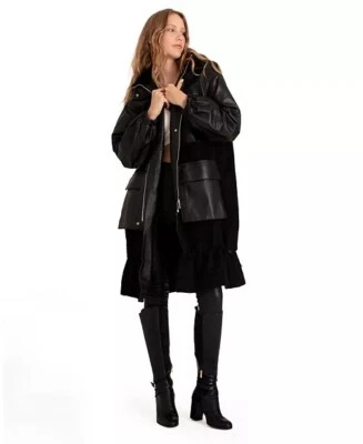 Belle & Bloom Back To Black Oversized Leather Panelled Coat - Size M Foto 1 de 3