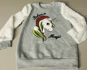 Girls Christmas Holiday Sweater Sparkly Unicorn Top Furry Sleeves Gray Size 6 - Picture 1 of 5