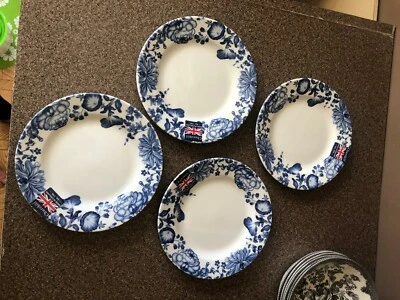 CHURCHILL ENGLAND 4 NEW BLUE FLORAL SALAD/LUNCHEON PLATES BUTTERFLIES & BLOOMS - Image 1 of 3