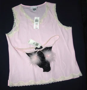 Morgan Taylor L Pink Camisole Sleep Top Black G-String Thong Pink feather tassel - Picture 1 of 4