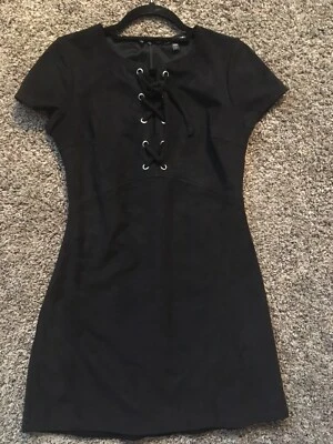 Vestido Express Negro Imitación Gamuza Túnica Ojales Encaje Talla 4 Nuevo Forrado Manga Corta Foto 1 de 4