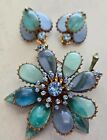 Vintage Lisner Brooch & Earrings ~ Enamel, Rhinestones, Glass Petals