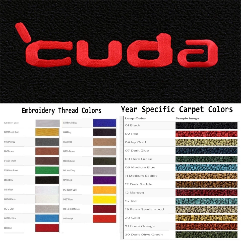 Tapetes de assoalho ACC 1970-1973 Plymouth Cuda personalizado 'cuda palavra logotipo 4 peças loop - Imagem 1 de 4