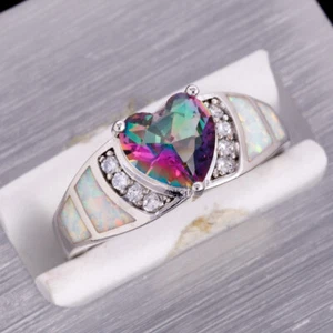 8x8 Heart Rainbow Mystic Topaz White Fire Opal Silver Jewelry Ring Size 10 - Picture 1 of 6