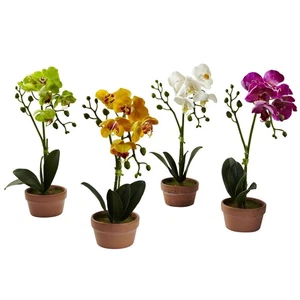 13" SEIDE GELB WEISS ORCHIDEE KÜNSTLICHE BLUMENGESTECKE mit TÖPFEN - (4er SET) - Bild 1 von 4