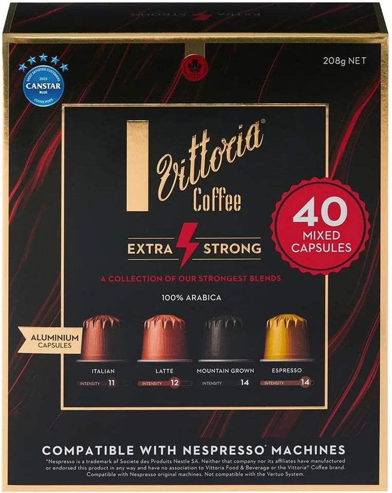 Vittoria Coffee Extra Strong 100 Arabica Nespresso Compatible Coffee Pods. 40 M