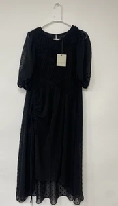 Allsaints Serene Midi Dress Black ruched Button closure Textured Fabric Size 14 - Picture 1 of 20