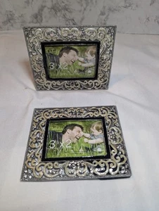 2x Green Tree Gallery Pearly Enamel & Rhinestones Shabby Chic Frames 3.5"x2.5" - Picture 1 of 7