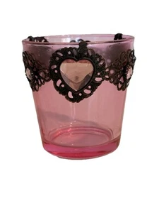 Collectors Cranberry Glass Votive Candle Holder Accented With Metal DesignHearts - Picture 1 of 5