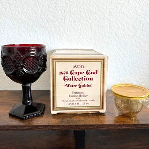 Avon 1876 Cape Cod Ruby Red Water Goblet / Candle Holder New in Box Unused - Picture 1 of 8