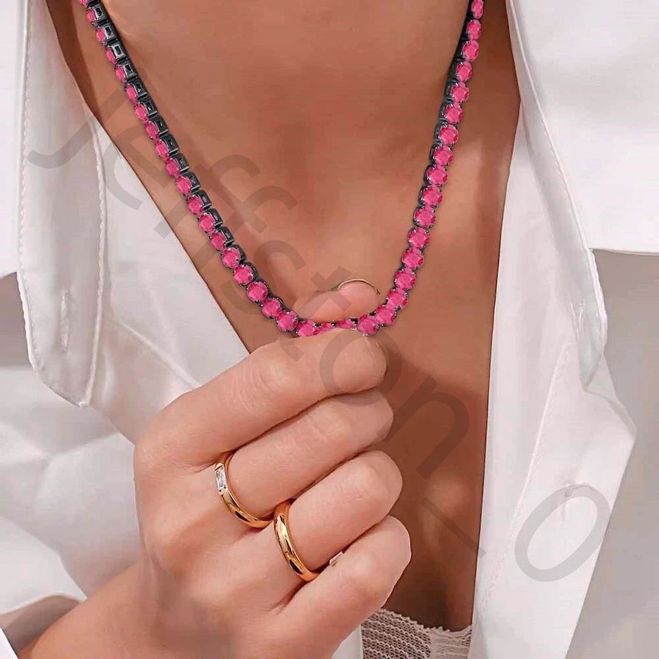 45.72 ctw Lab Created Round Cut Ruby 14K Black Gold Plated 4 mm Tennis Necklace - Image 1 of 4