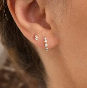 Cartilage hoop Huggie hoop earrings Silver moissanie dainty tiny earrings - Picture 1 of 9