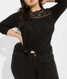 Torrid Womens Waffle Knit Long Sleeve Crochet Yoke Top Black Plus Size 2X 2 New - Picture 1 of 5