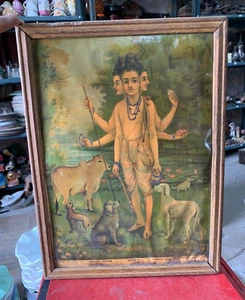 Vintage Old God Dattatreya with His Four Dogs & Cow Lithograph Print Framed - Picture 1 of 9