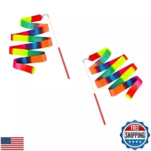 KHYMOHP 2 Pcs Dance Ribbons, Rainbow Ribbon, Rainbow Twirler Stick, 78.7Inch - Picture 1 of 5