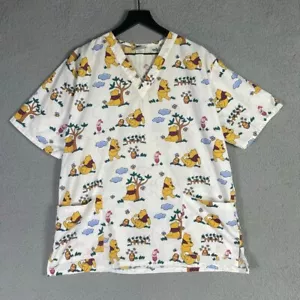 Disney Winnie the Pooh Scrub Top Vintage Medical Uniform V-Neck Cartoon Print L - Picture 1 of 9