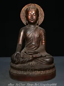 15.2" Old Tibet Tibetan Bronze Gilt Shakyamuni Amitabha Buddha Backlight Statue - Picture 1 of 12
