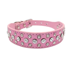 Pretty Diamond Crystal Rhinestone Leather Collar Dog Puppy Cat XS S-PINK SPARKLE - Picture 1 of 3