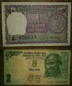 Zwei 1Rupie & 5 Rupien 🇮🇳 Indien Banknote Geld Papier unzirkuliert - Bild 1 von 5