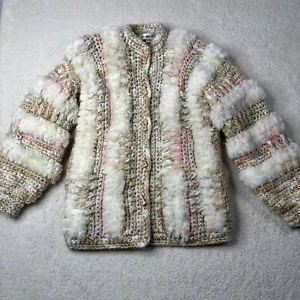Le Sweater Cardigan Women's Medium Hand Knit Boho Cream Tan Pink Fuzzy Vintage - Picture 1 of 16
