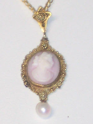 COLLAR DE COLECCIÓN ORO 14K PIEL DE ÁNGEL CORAL CAMAFEO PERLA LAVALIERE COLGANTE EN CADENA 18" Foto 1 de 4