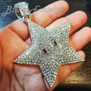 HIP HOP ICED RAPPER LAB DIAMOND SILVER PLATED LARGE MARIO STAR CHARM PENDANT - Picture 1 of 3