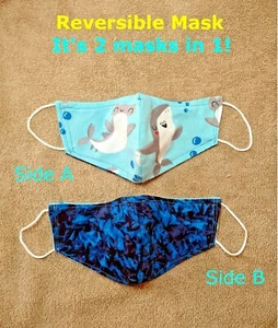 Squali con tie-dye blu reversibile - Maschera viso bambino, bambino età 4-7 anni fatta a mano  - Foto 1 di 5