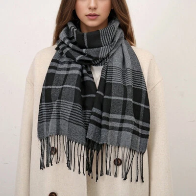 Faux Cashmere Scarf Plaid Fringe Edge Thermal Scarf Unisex Long Hijab Scarf - Image 1 of 4