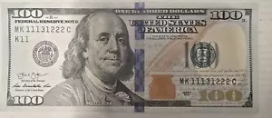 2013 Series $100 Note Fancy Serial Number TRINARY REPEATER MK11131222C - Picture 1 of 2