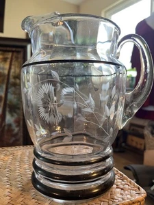 Antique Large Etched Glass Pitcher Thistles & Black Enamel Bands 11" Tall - Picture 1 of 5