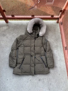 DKNY Women’s Puffer Long Jacket Faux Fur Size Small Green Tan - Picture 1 of 8