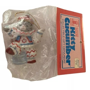 Vintage Schmid Kitty Cucumber Patriotic Ornament Figurine Grey Cat 4th July 1987 - Picture 1 of 4