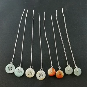 Donut,Circle,Grade A,Natural jadeite jade stone earring threader,Sterling Silver - Picture 1 of 11